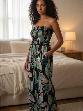 torrid 0 Black Green Strapless Tropical Leaf  Pantsuit flowy XL